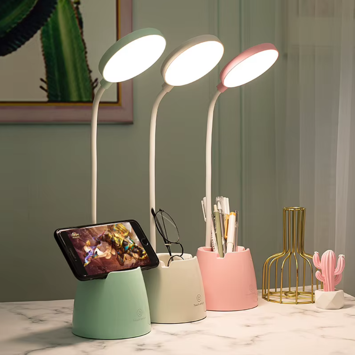 Modern LED desk lamp with built-in pen holder, eye protection study and reading light for student desk, office and bedroom