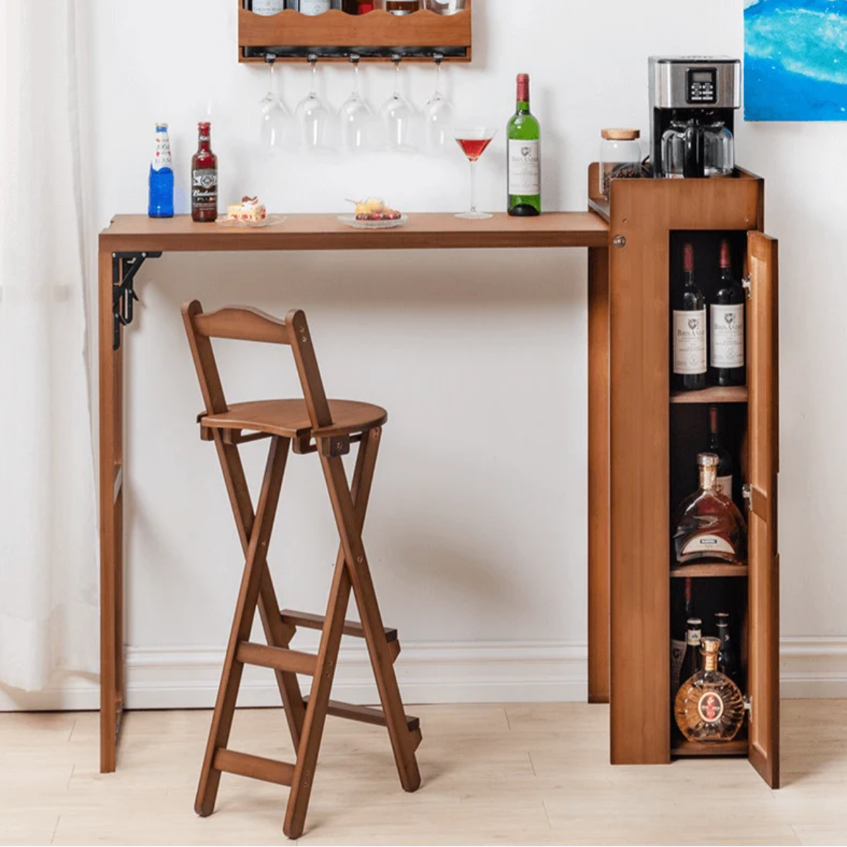 Modern Bamboo Bar Table & Folding Stool Set, Rectangular Space-Saving Dining Furniture