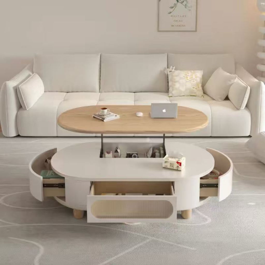 Modern Scandinavian Oval Lift-Top Coffee Table with 3 Drawers, Solid Wood Storage Table