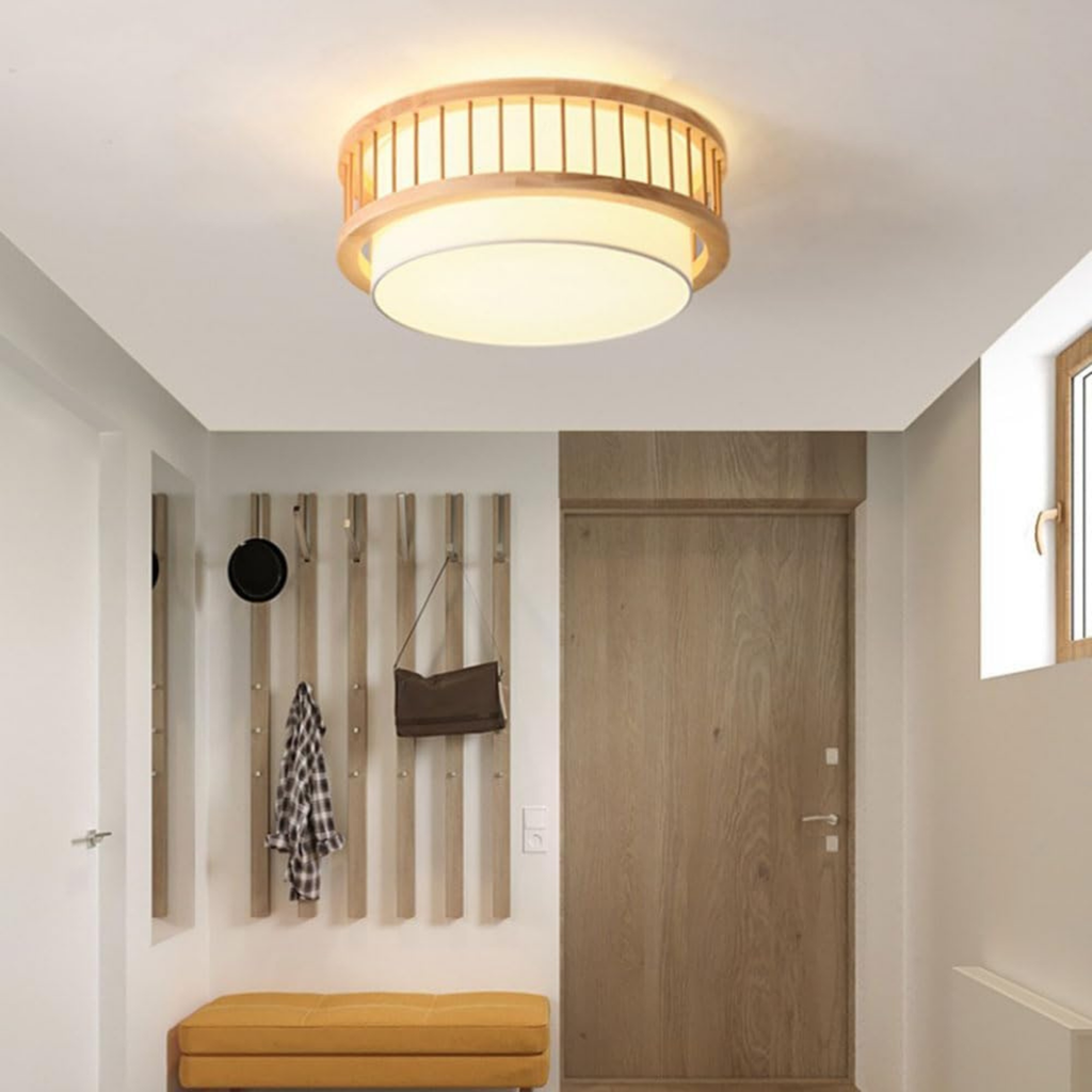 Modern Japanese Wood Drum Ceiling Light, Solid Wood Cylindrical Ceiling Fixture