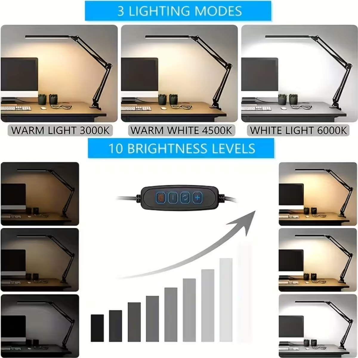LED Clip-On Desk Lamp with Long Adjustable Arm, Clamp Table Light