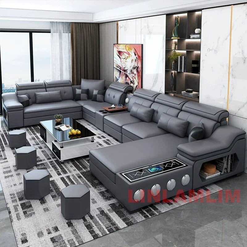 Modern Scientific Fabric Sectional Sofa Set with Chaise Lounge, Bluetooth Speakers, USB Charging Ports for Living Room