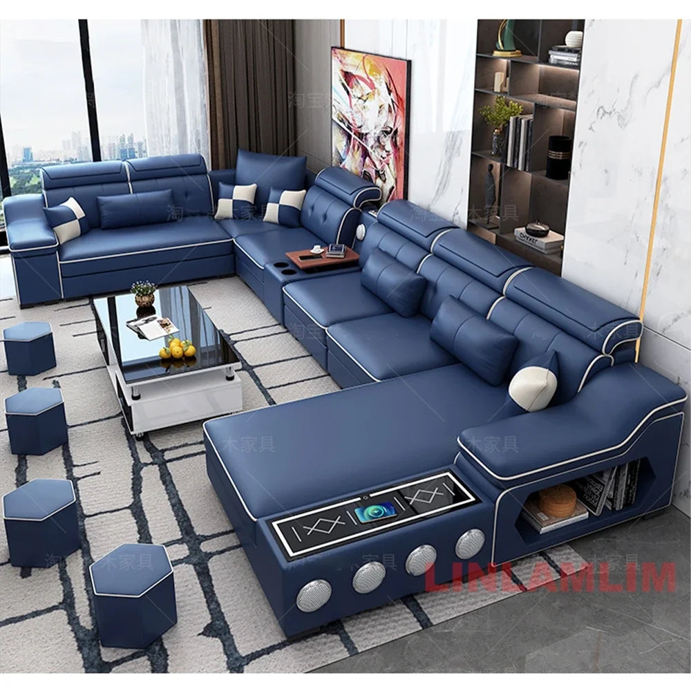 Modern Scientific Fabric Sectional Sofa Set with Chaise Lounge, Bluetooth Speakers, USB Charging Ports for Living Room