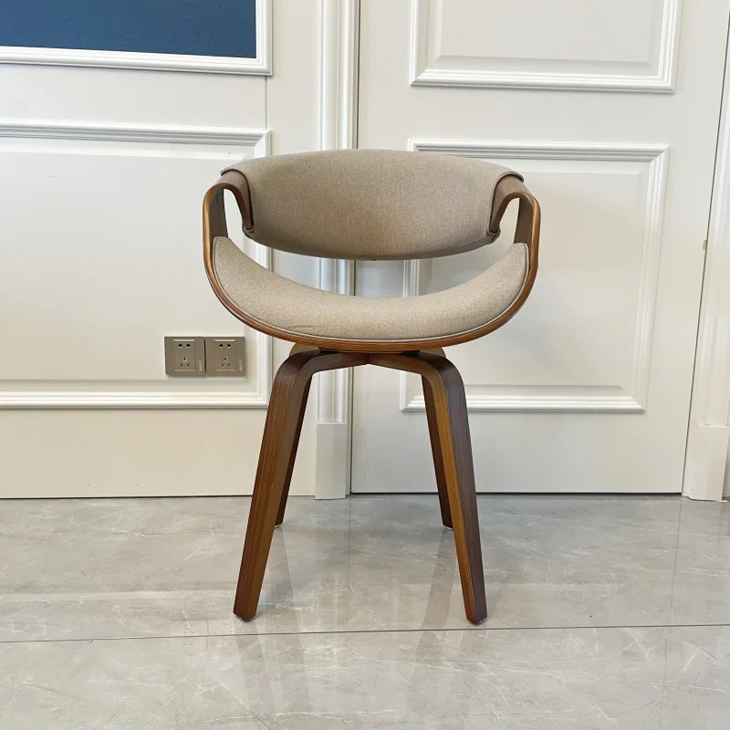 Mid Century Curved Back Dining Chair Armchair with Linen Fabric Upholstered Leisure Accent Chair with Wood Legs Walnut Finish