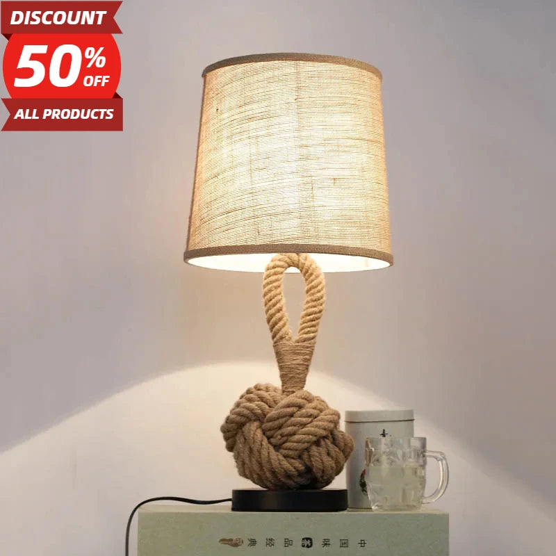 Vintage Hemp Rope Table Lamp E27 Night Table Lamps for Living Room Bedroom Study Desk Decor Industrial Iron Home Bedside Lamp