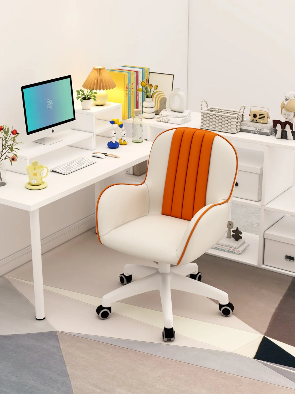 Simple Modern Computer Chair Latex Cushion Seat 360° Rotation Study Office Chair Bedroom Makeup Chair White Steel Legs