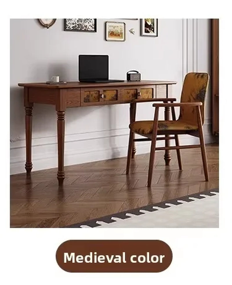 Home Office Desk Set Elegant Vintage Study Furniture Upholstered Chair Wooden Writing Desk Drawer Computer