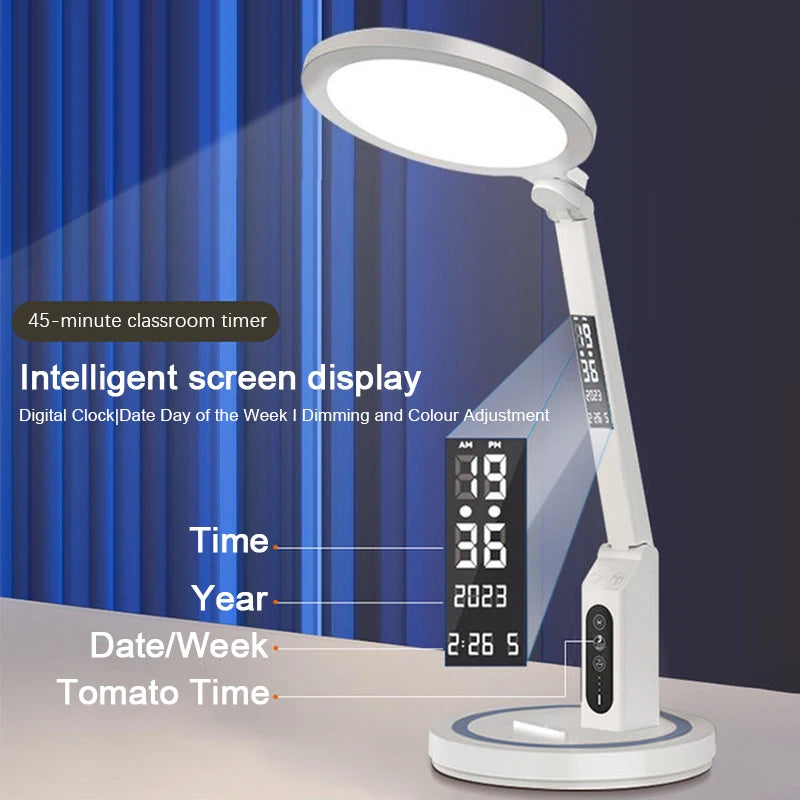 LED Clock Table Lamp USB Chargeable Dimmable Desk Lamp Plug-In LED Light Foldable Eye Protection Reading Night Light