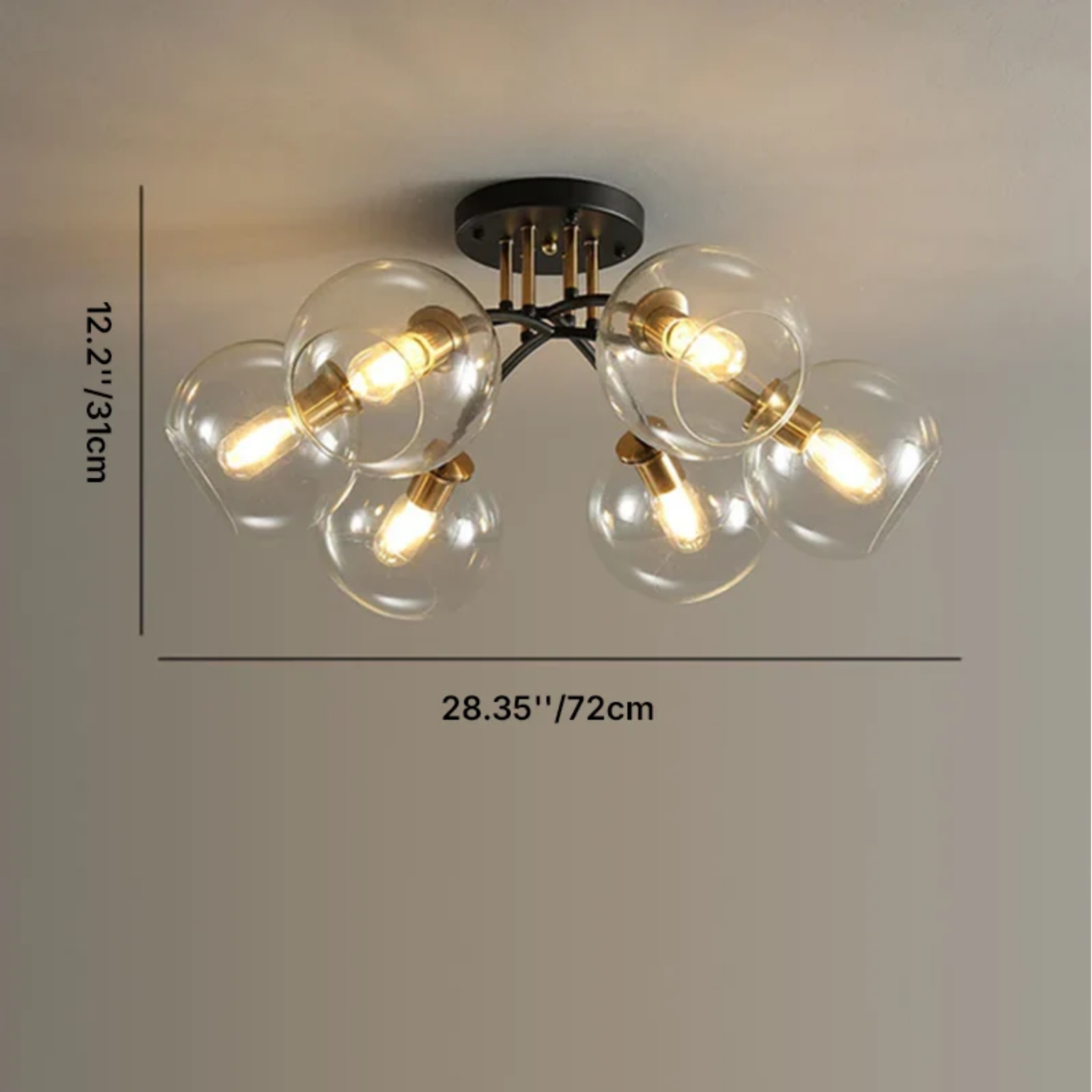 Dimensions of 6-light glass ceiling fixture with round shades