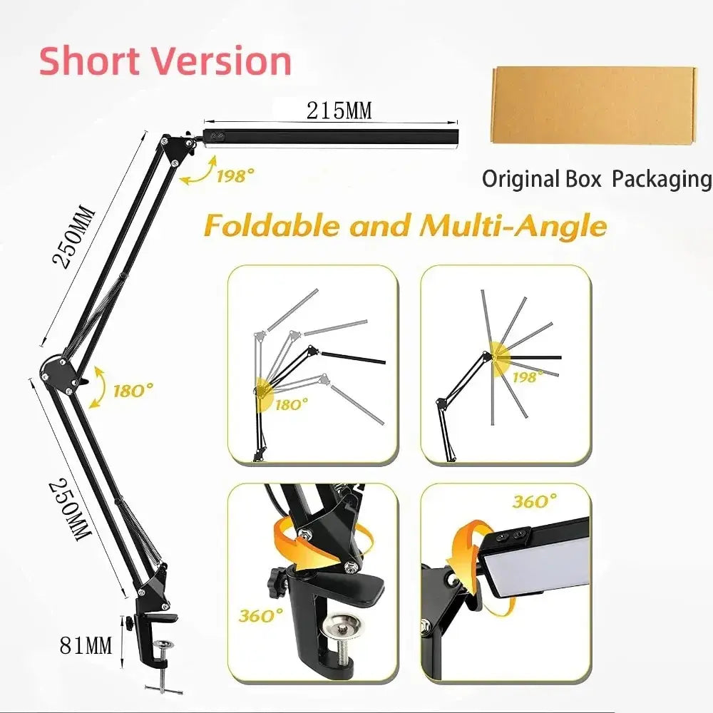 LED Folding Metal Desk Lamp Clip on Light Clamp Long Arm Diming Table Lamp 3 Colors Adjustable for Living Room Reading Computers