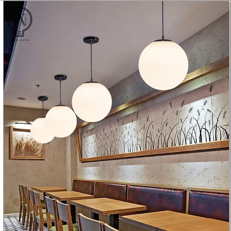 White Circular Glass Ball Pendant Light, Bar Restaurant Shop Decorative Light, Study Room Bedroom Light, Bar Desk Lamp