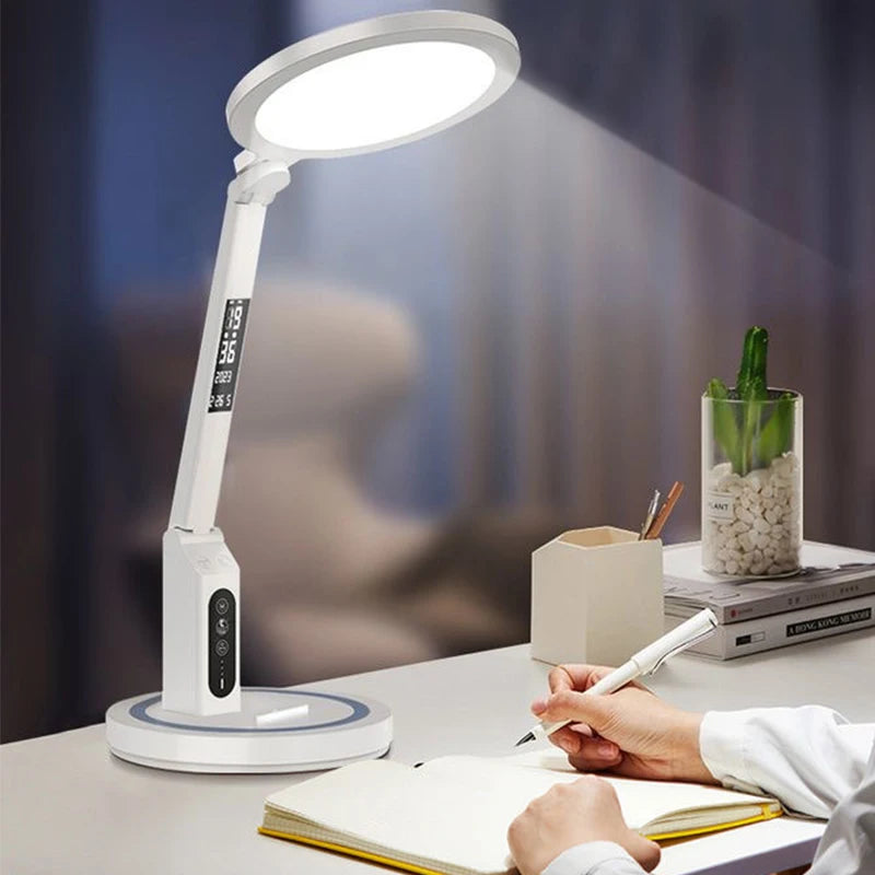 LED Clock Table Lamp USB Chargeable Dimmable Desk Lamp Plug-In LED Light Foldable Eye Protection Reading Night Light
