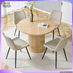 Minimalist Light Wood round Dining Table Set 100 Cm MDF Table with 4 Grey Synthetic Leather Wide Seat Chairs for Modern Home