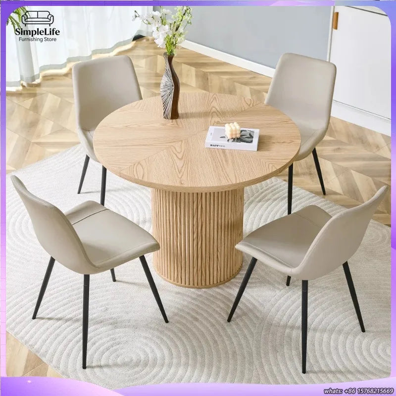 Minimalist Light Wood round Dining Table Set 100 Cm MDF Table with 4 Grey Synthetic Leather Wide Seat Chairs for Modern Home