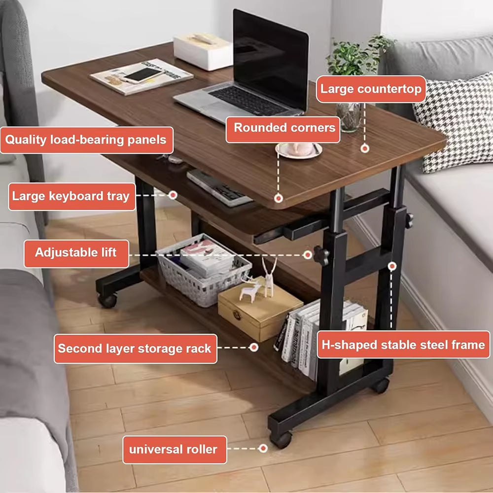 Computer Desk Mobile，Small Adjustable Desk，Office Desk Wooden Writing Desk with Caster，Over Bed Table Adjustable Height