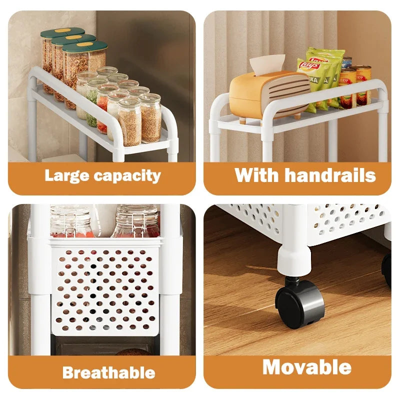 Mobile Shelf with Wheels Narrow Gap Trolley Multi-Layers Storage Rack Kitchen Bathroom 2/3/4 Tiers Storage Trolley Rolling Cart