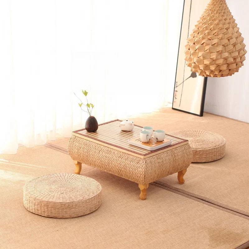 Small Coffee Table with Storage Bamboo and Rattan Tatami Platform Low Table for Living Room Furniture Home Bay Window Balcony