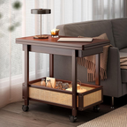 Vintage Bamboo Folding Side Table with Shelf, Rolling Accent Table on Wheels