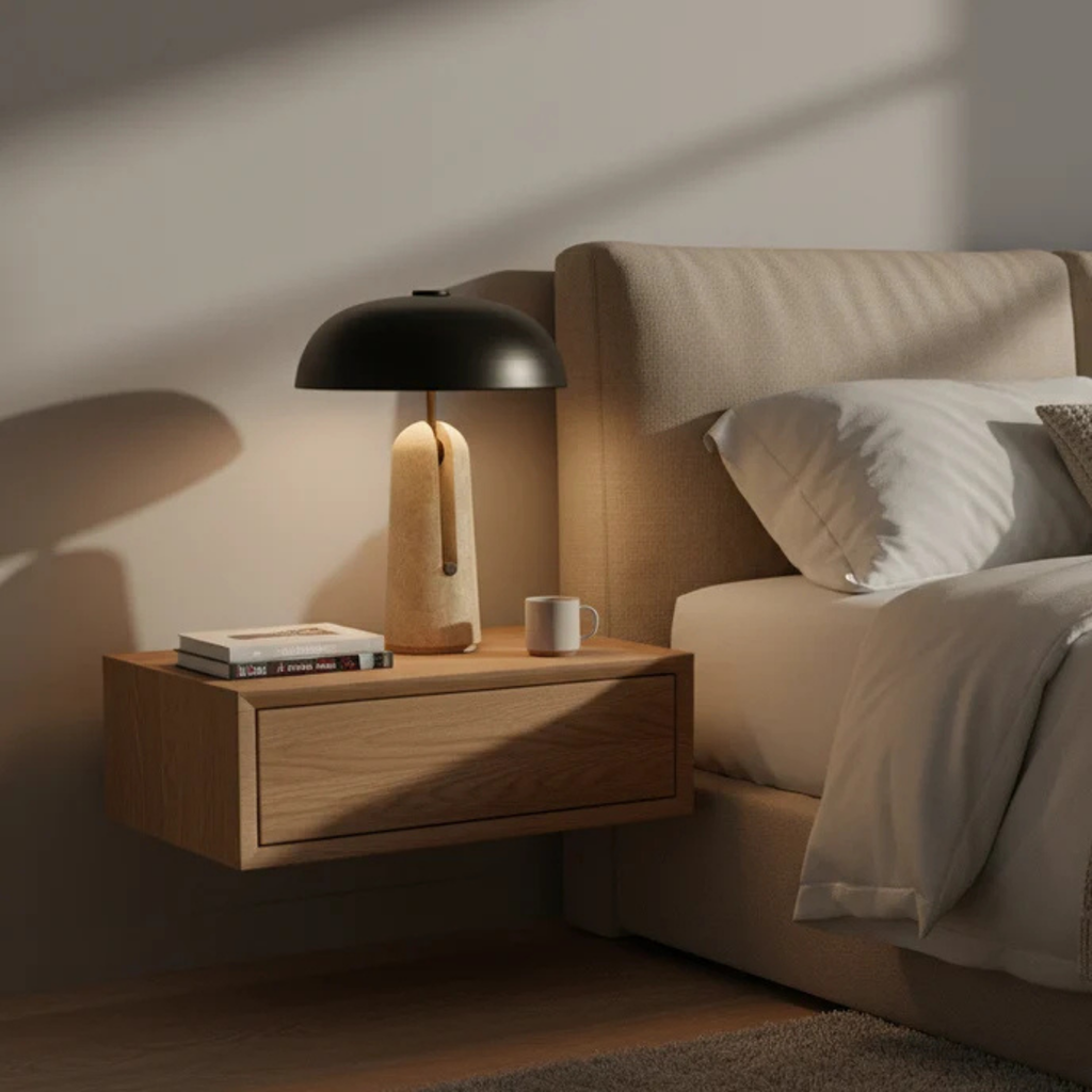 Japanese Mushroom Table Lamp with Travertine or Marble Base, Iron Shade
