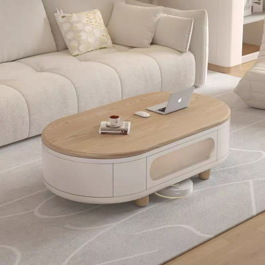 Modern Scandinavian Oval Lift-Top Coffee Table with 3 Drawers, Solid Wood Storage Table