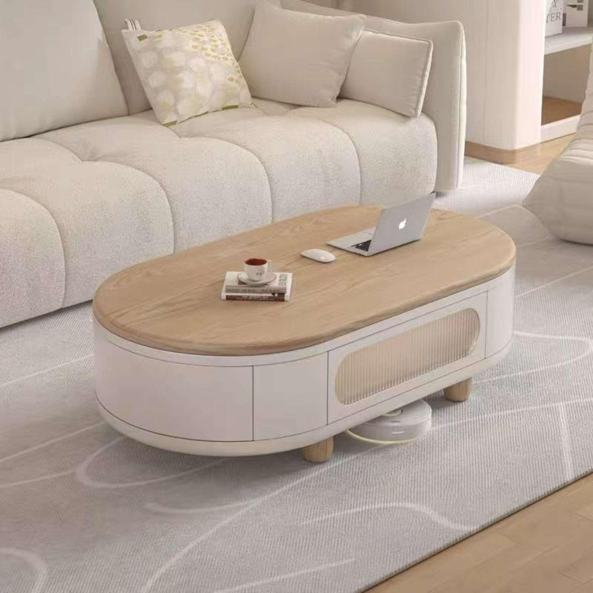 Modern Scandinavian Oval Lift-Top Coffee Table with 3 Drawers, Solid Wood Storage Table