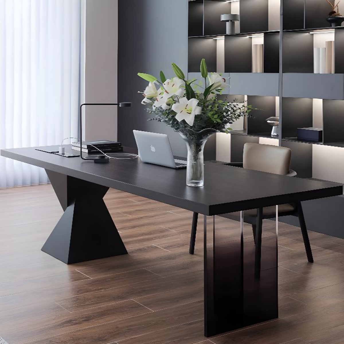 Modern oak and acrylic desk with built-in Smart Socket, wireless charging and power outlet, minimalist workspace desk for home office and bedroom