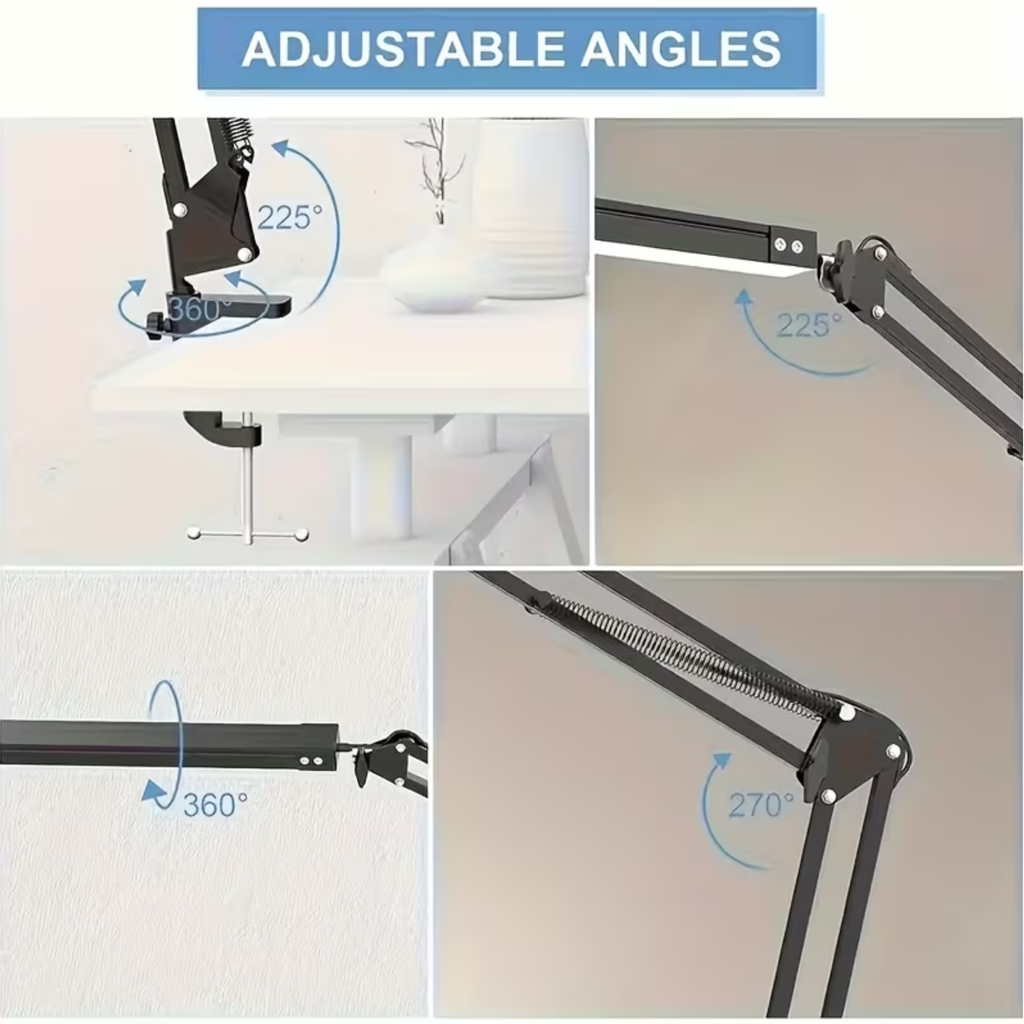 LED Clip-On Desk Lamp with Long Adjustable Arm, Clamp Table Light