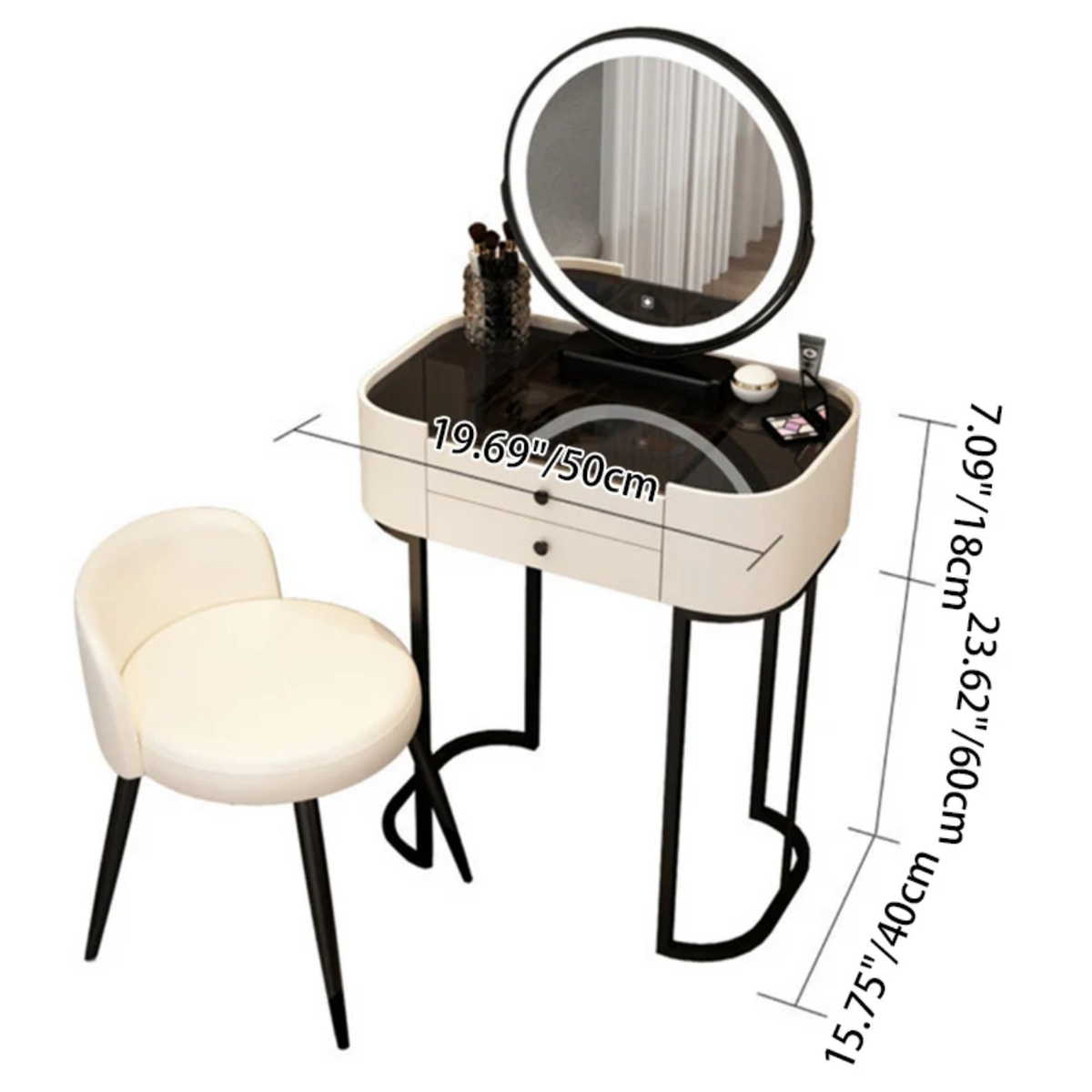 Modern Makeup Vanity Set with LED Mirror & Stool, 2 Drawers for Bedroom