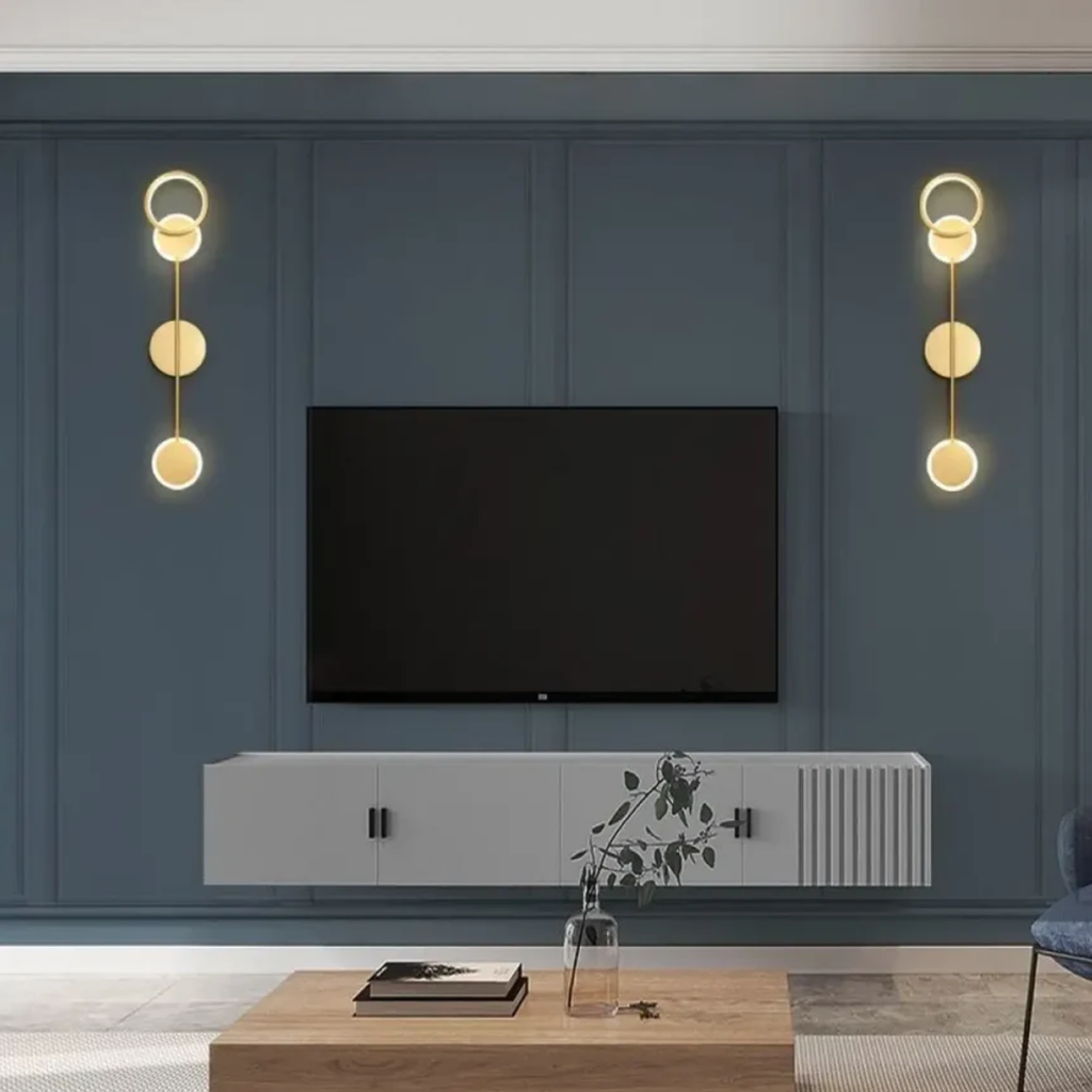 Modern geometric LED wall sconce with acrylic shade, luxury black and gold wall light for bedroom and contemporary interior lighting