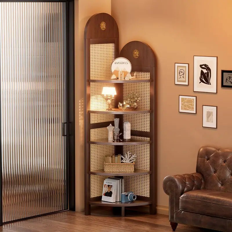 Retro Rattan Woven Decorative Shelf L-Shaped Design Solid Wood Corner Cabinet for Living Room, Study, Bedroom