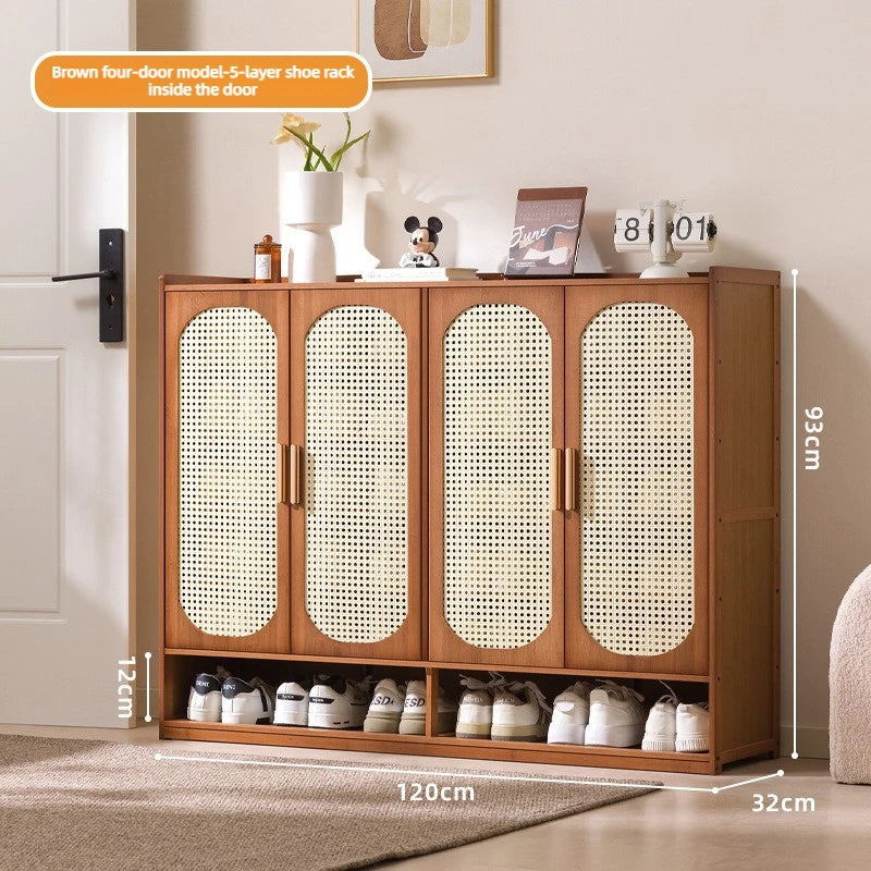 Multi Layer Bamboo Antique Style Shoe Cabinet, Rattan Breathable Shoe Cabinet, Living Room Kitchen Dining Room Storage Cabinet