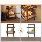 Rattan Storage Cart - Mobile Side Table with Woven Baskets, Multi-Functional Rolling Cart for Living Room & Bedroom, Shelves