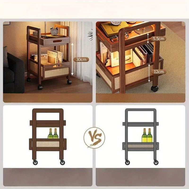 Rattan Storage Cart - Mobile Side Table with Woven Baskets, Multi-Functional Rolling Cart for Living Room & Bedroom, Shelves