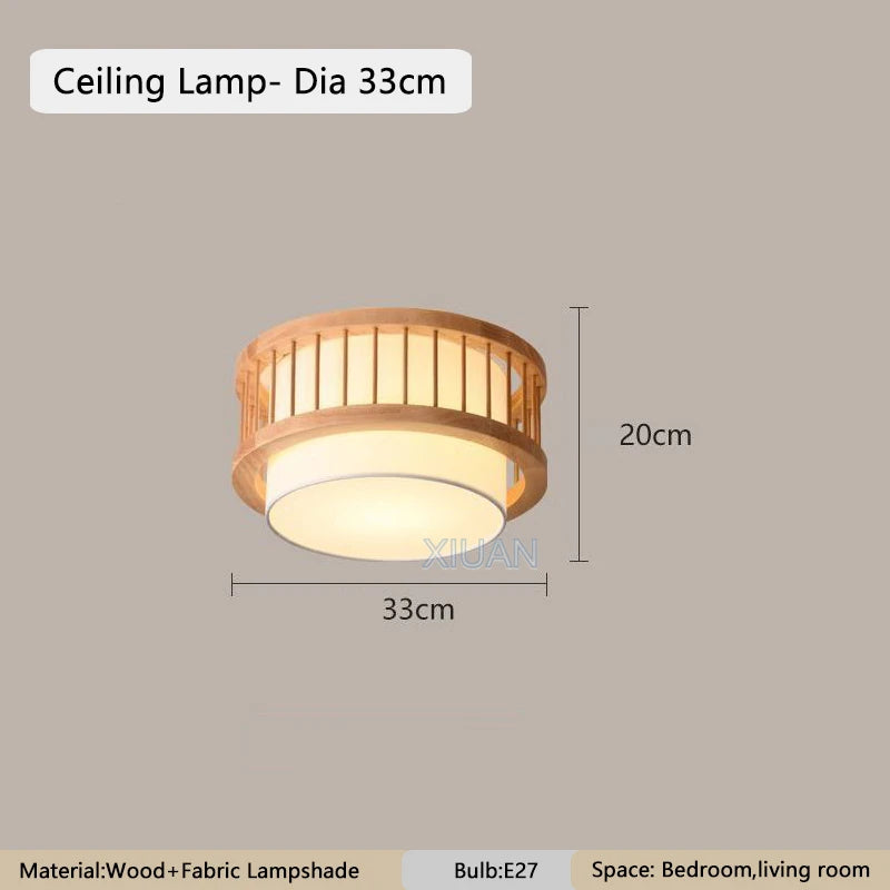 Nordic round Solid Wood Ceiling Lights Fabric Lampshade Living Room Bedroom Ceiling Lamp for Restaurant Study Homestay Indoor