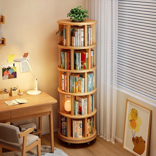 Solid Wood Rotating Bookshelf 360 Degree Floor-Standing Bookcase Storage Rack Movable Corner Children'S Small Narrow Cabinet