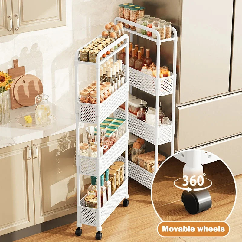 Mobile Shelf with Wheels Narrow Gap Trolley Multi-Layers Storage Rack Kitchen Bathroom 2/3/4 Tiers Storage Trolley Rolling Cart