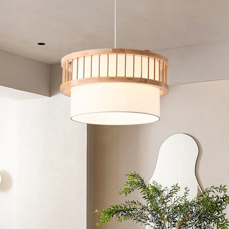 Nordic round Solid Wood Ceiling Lights Fabric Lampshade Living Room Bedroom Ceiling Lamp for Restaurant Study Homestay Indoor