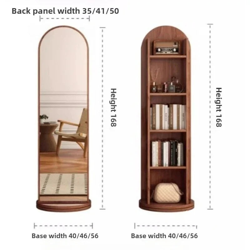 Nordic Solid Wood Floor Full-Body Mirrors Home Rotatable Full-Length Mirror Bookshelf Storage Integrated Fitting Mirror T