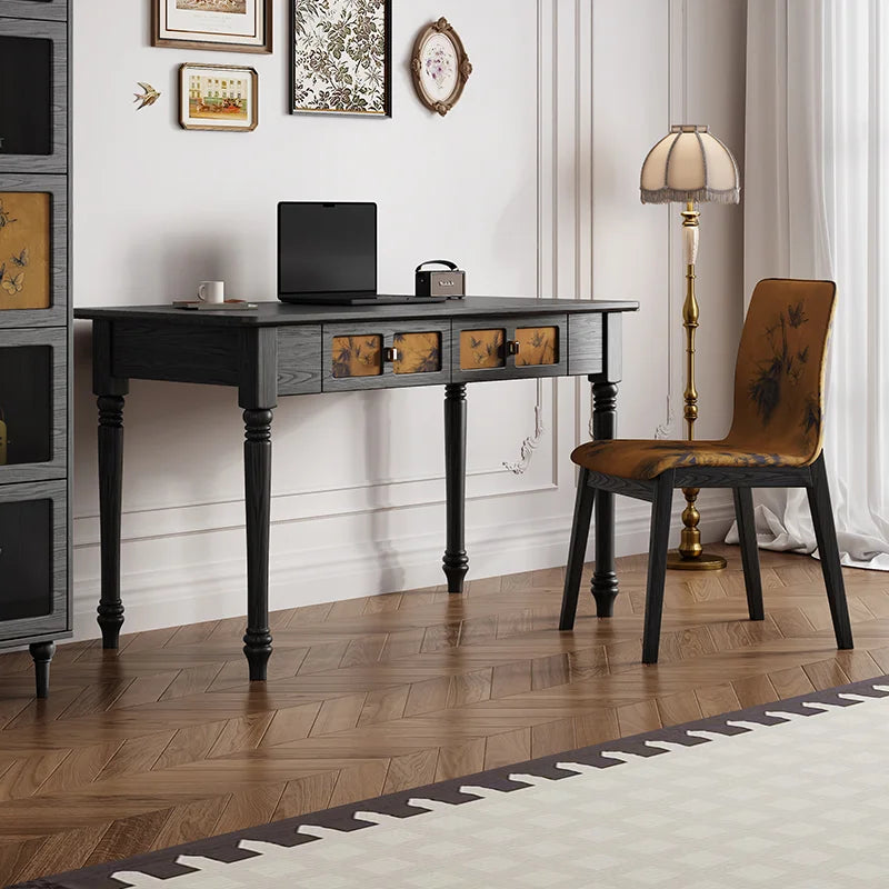 Home Office Desk Set Elegant Vintage Study Furniture Upholstered Chair Wooden Writing Desk Drawer Computer