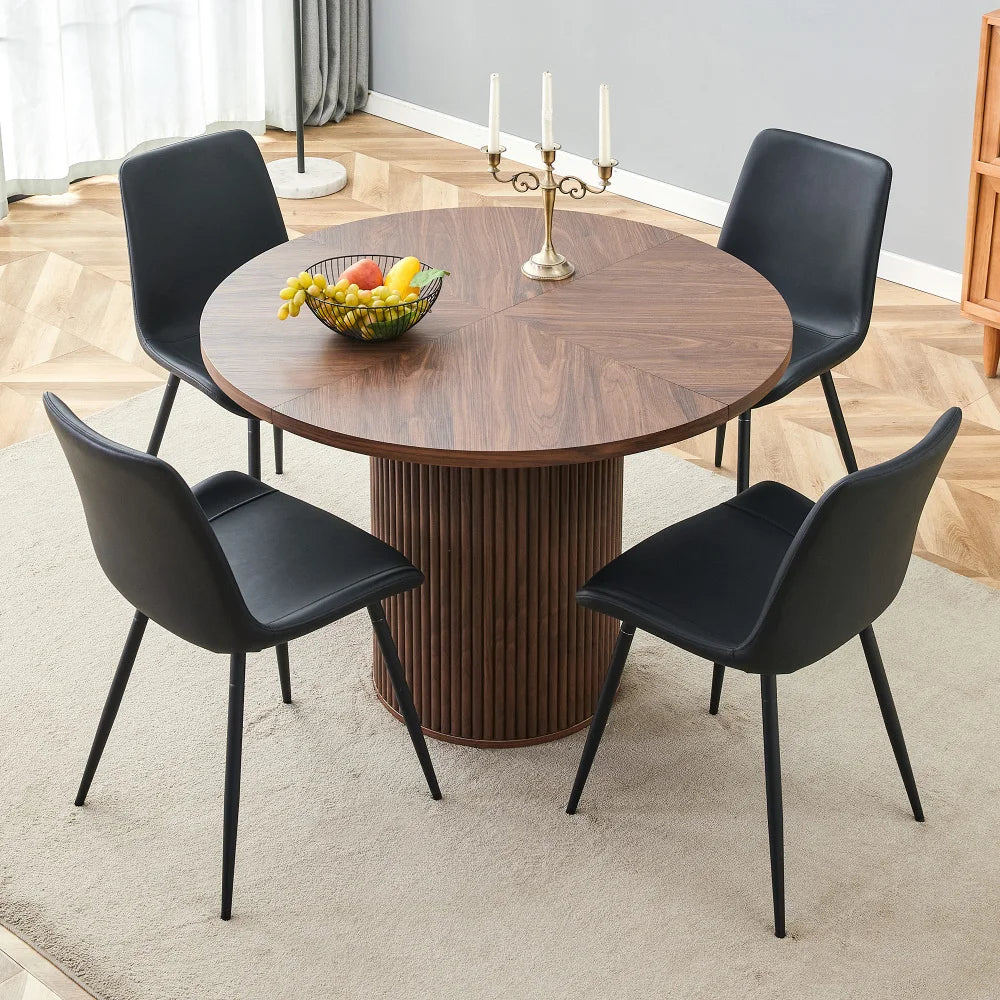 Minimalist Light Wood round Dining Table Set 100 Cm MDF Table with 4 Grey Synthetic Leather Wide Seat Chairs for Modern Home