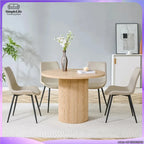 Minimalist Light Wood round Dining Table Set 100 Cm MDF Table with 4 Grey Synthetic Leather Wide Seat Chairs for Modern Home