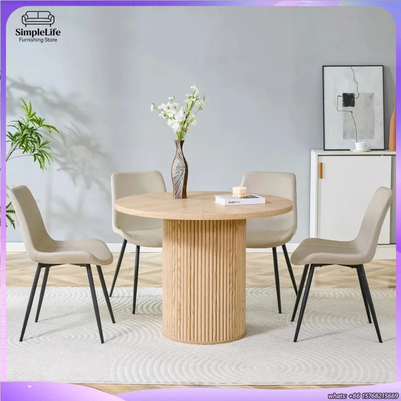 Minimalist Light Wood round Dining Table Set 100 Cm MDF Table with 4 Grey Synthetic Leather Wide Seat Chairs for Modern Home