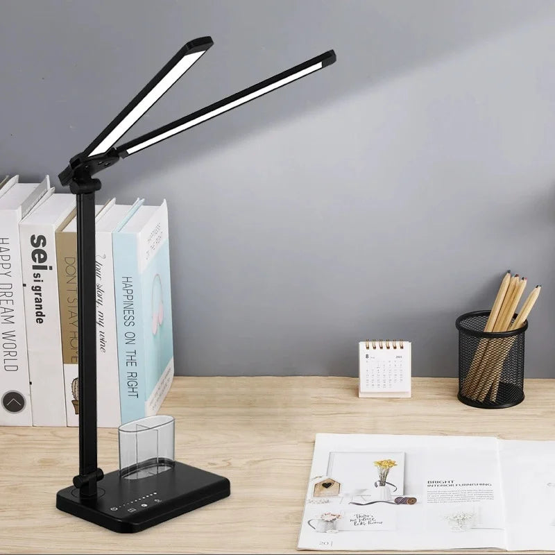 Dual Swing-Arm Table Lamp LED Desk Lamp Dimmable Adjustable Reading Light for Home Office, Bedroom, Study, and Craft