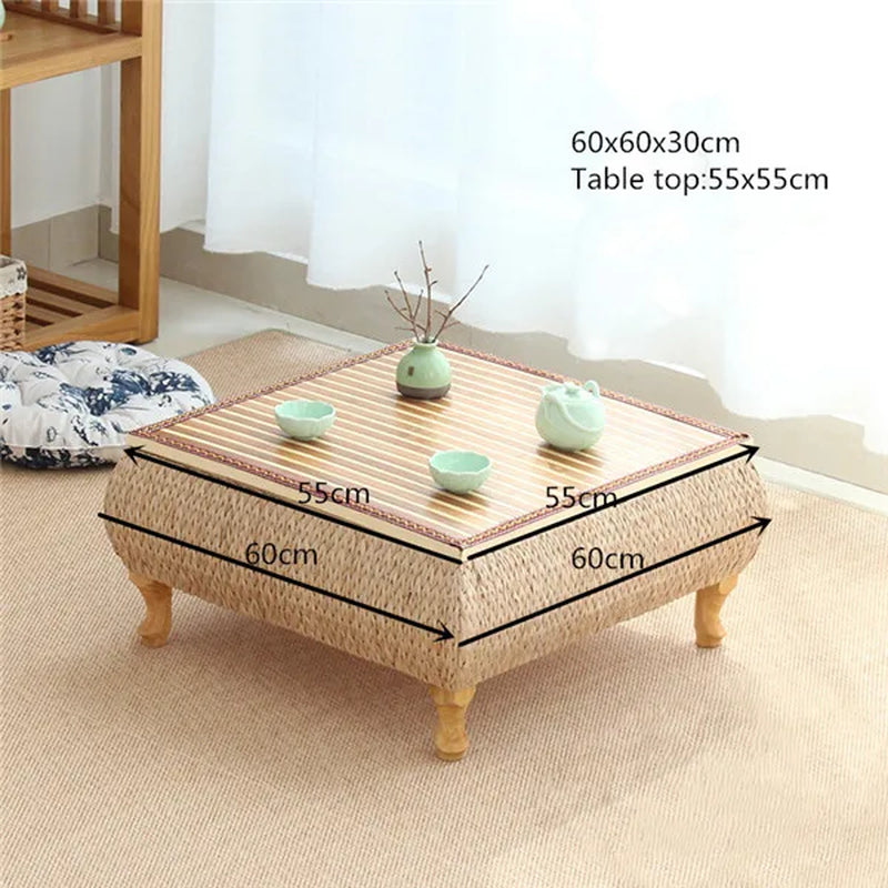 Small Coffee Table with Storage Bamboo and Rattan Tatami Platform Low Table for Living Room Furniture Home Bay Window Balcony
