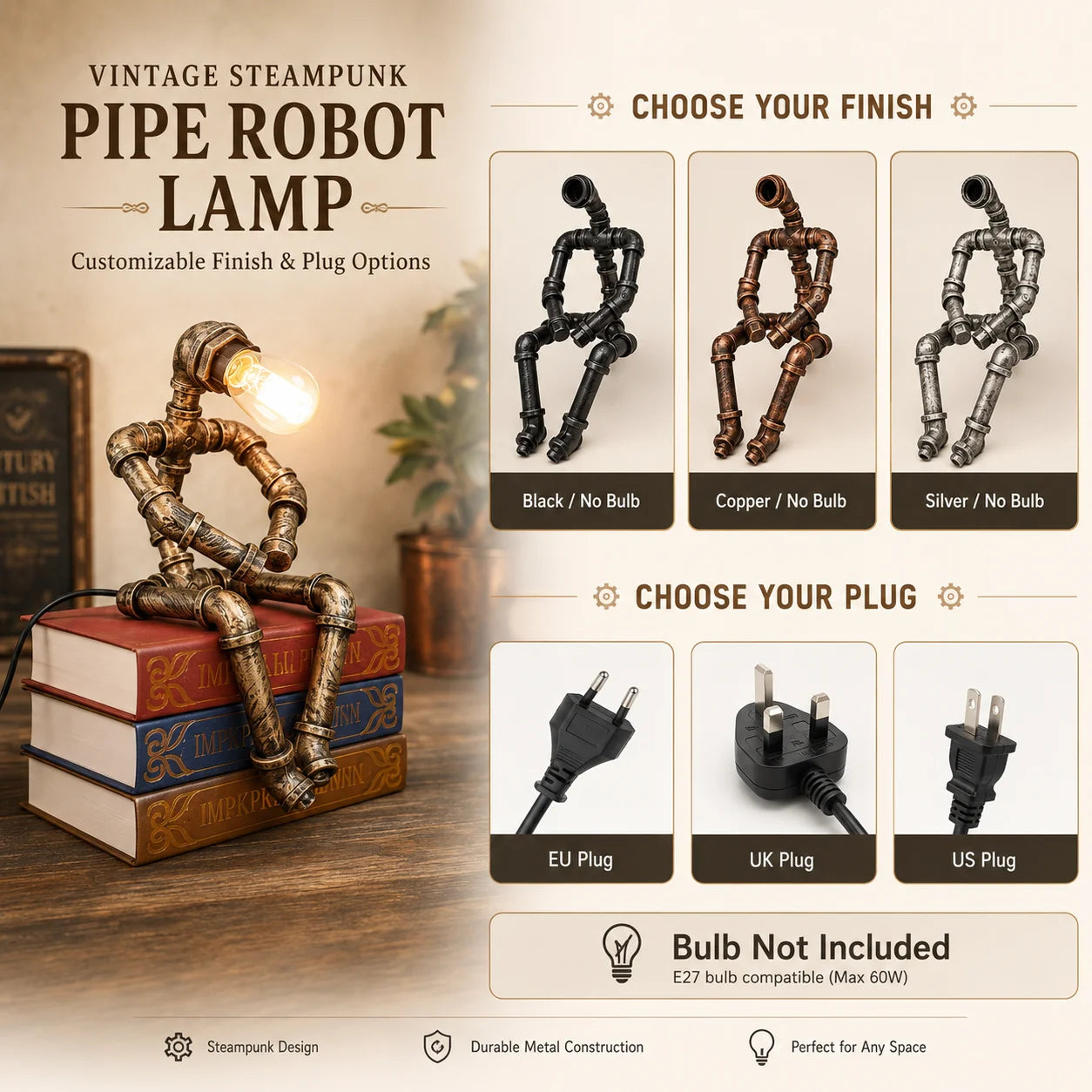 Vintage Steampunk Pipe Robot Desk Lamp Industrial Bedside Table Light for Bedroom Cafe Decor