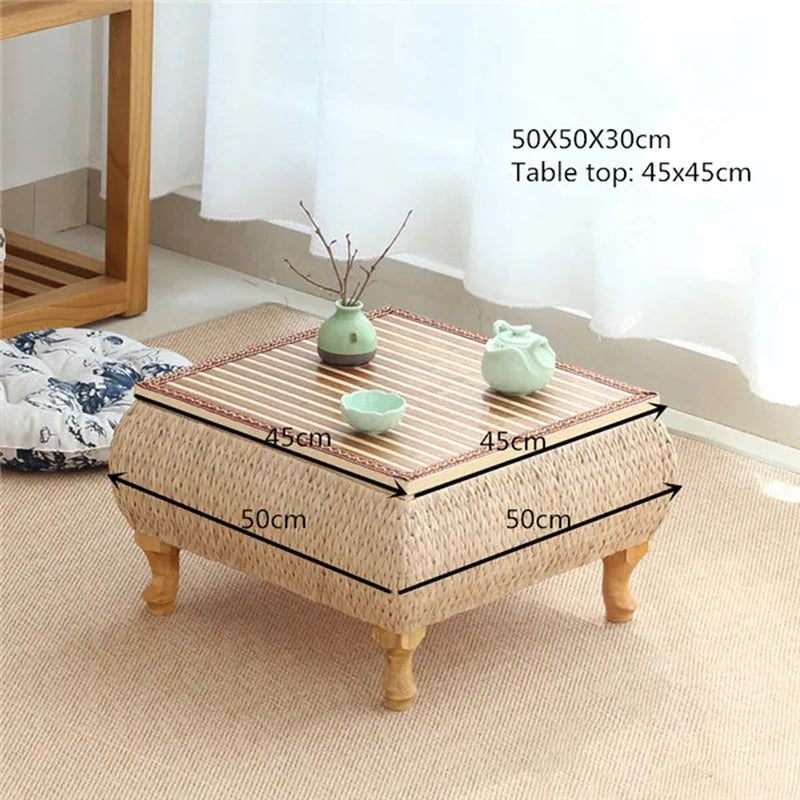 Small Coffee Table with Storage Bamboo and Rattan Tatami Platform Low Table for Living Room Furniture Home Bay Window Balcony