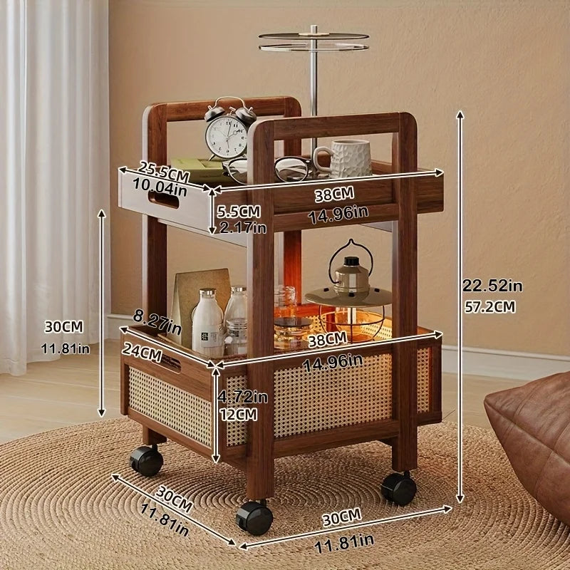 Rattan Storage Cart - Mobile Side Table with Woven Baskets, Multi-Functional Rolling Cart for Living Room & Bedroom, Shelves