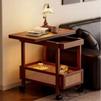 Vintage Bamboo Folding Side Table with Shelf, Rolling Accent Table on Wheels