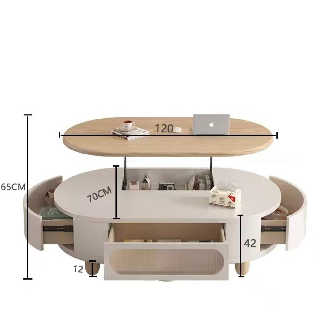 Modern Scandinavian Oval Lift-Top Coffee Table with 3 Drawers, Solid Wood Storage Table