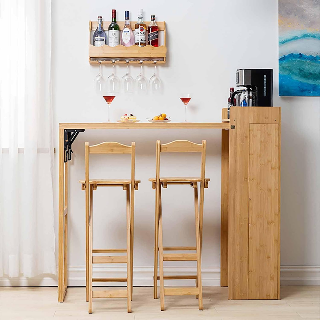 Modern Bamboo Bar Table & Folding Stool Set, Rectangular Space-Saving Dining Furniture